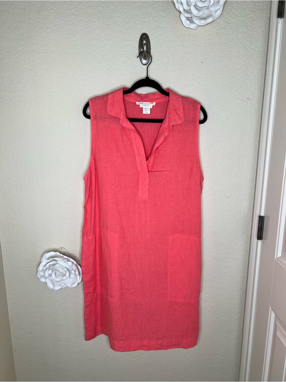 NTM: C&C California 100% Linen Coral Sleeveless Shift Dress Size 14